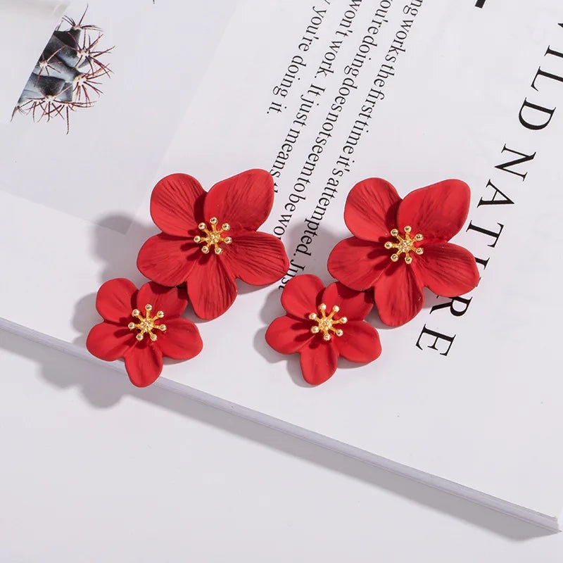 Korean Big Double Flower Drop Earrings
