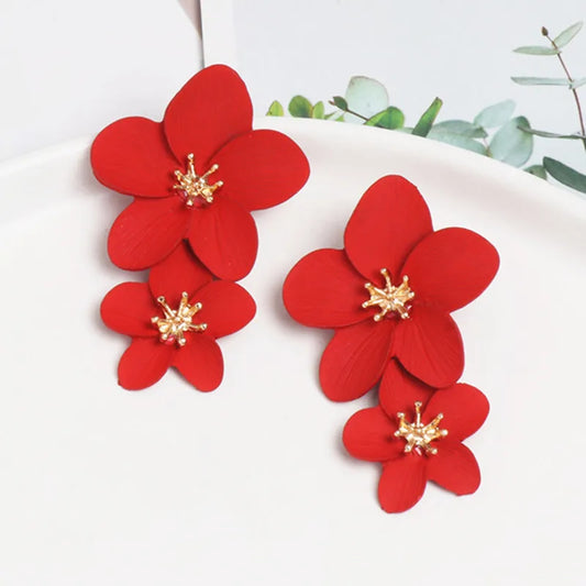 Korean Big Double Flower Drop Earrings