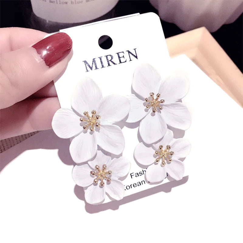 Korean Big Double Flower Drop Earrings