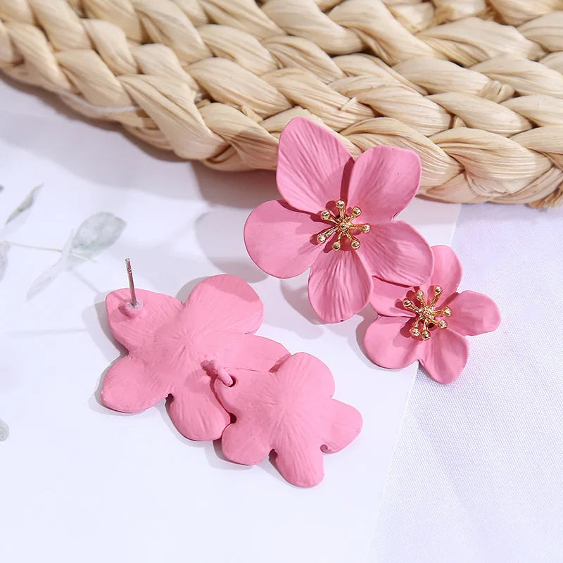Korean Big Double Flower Drop Earrings
