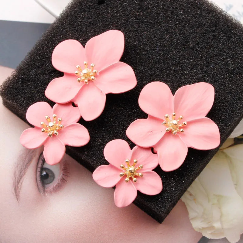 Korean Big Double Flower Drop Earrings