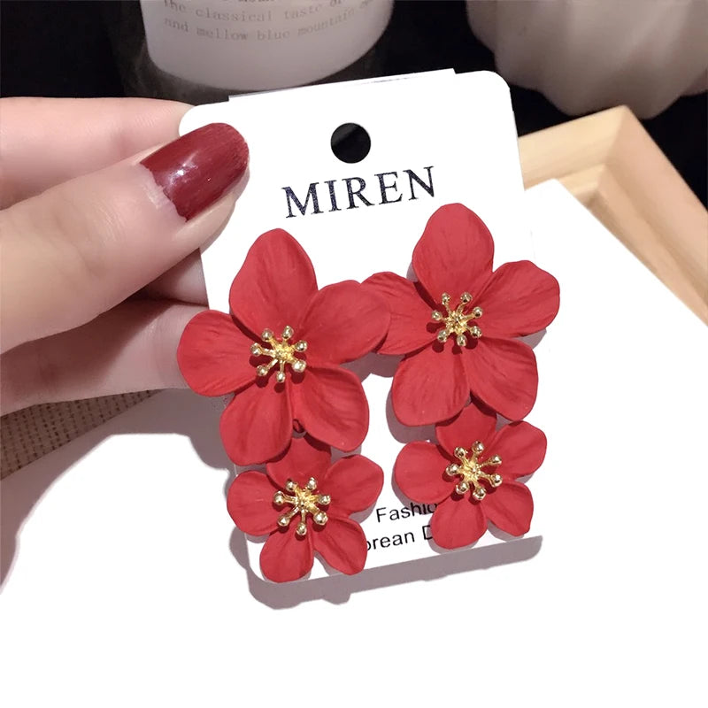 Korean Big Double Flower Drop Earrings