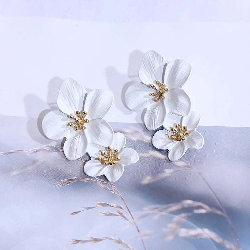 Korean Big Double Flower Drop Earrings