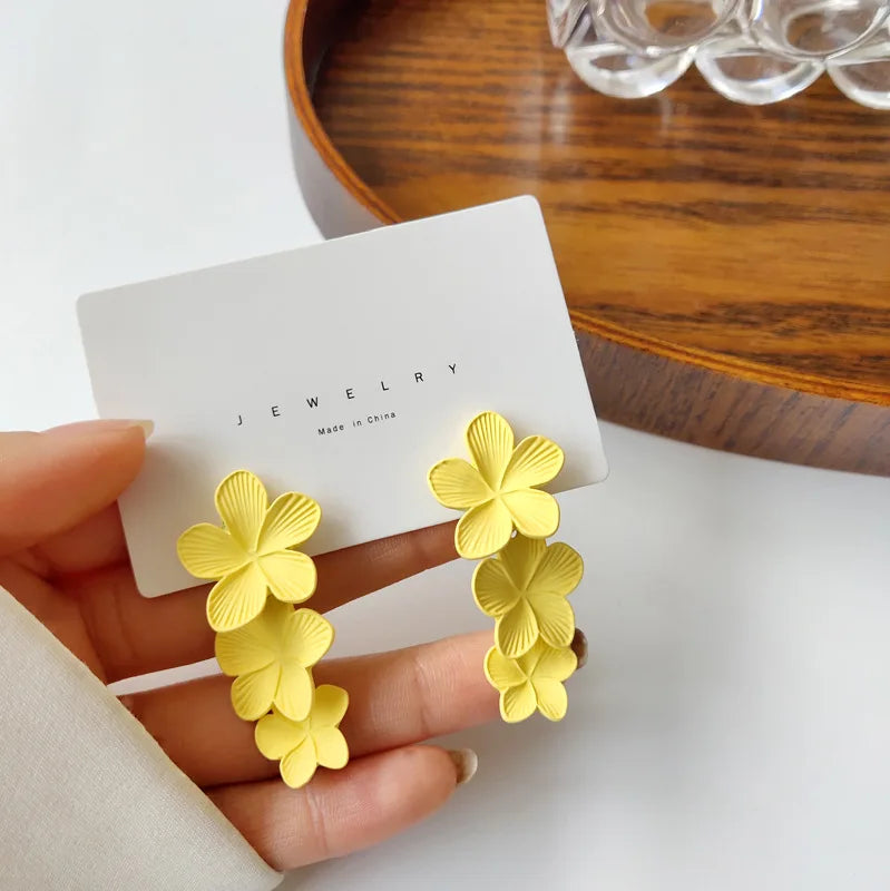 Korean Big Double Flower Drop Earrings