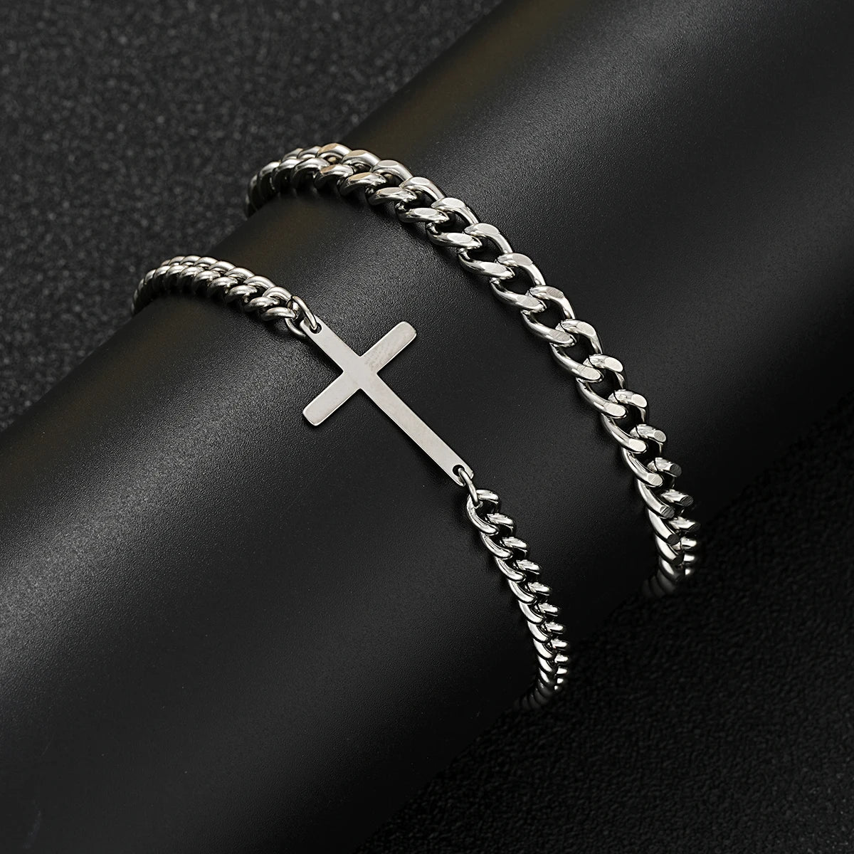 Ensemble de bracelets à chaîne cubaine en acier inoxydable avec croix