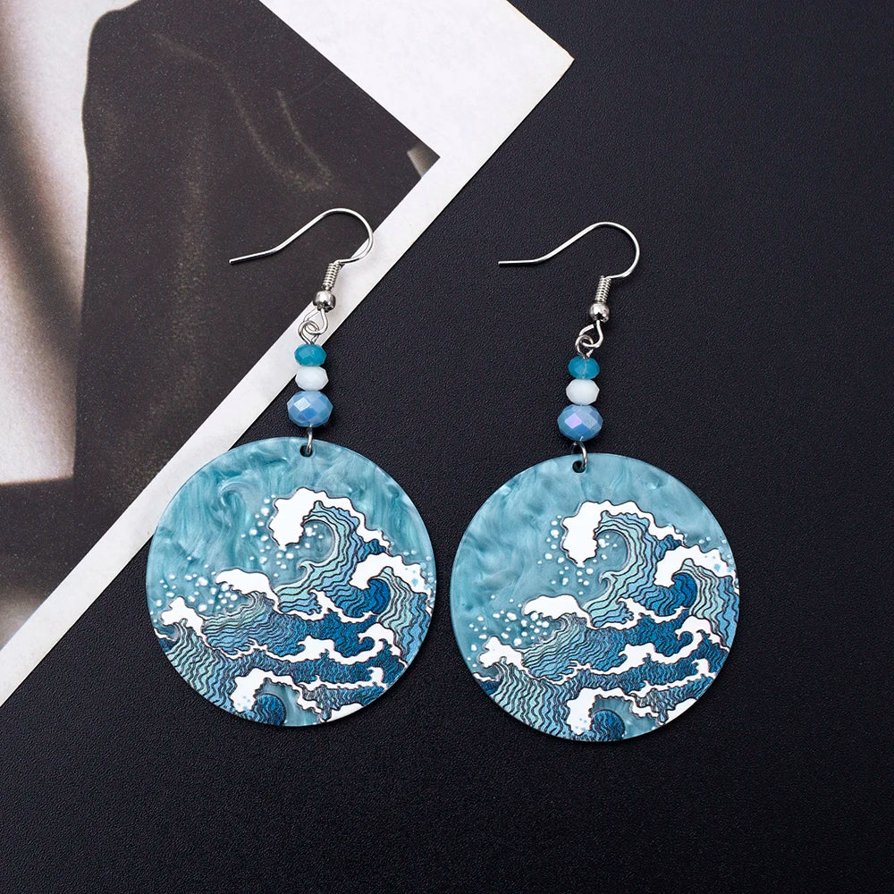 Geometric Round Blue Waves Acrylic Earrings
