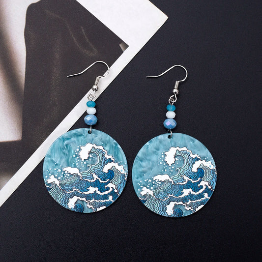 Geometric Round Blue Waves Acrylic Earrings