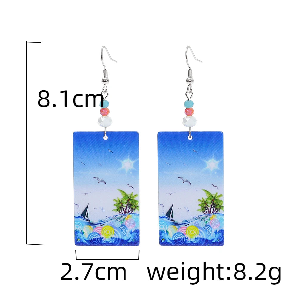 Geometric Round Blue Waves Acrylic Earrings