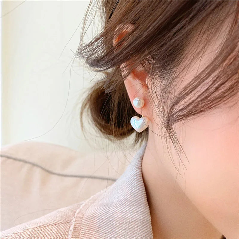 Pearl Heart & Round Stud Earrings