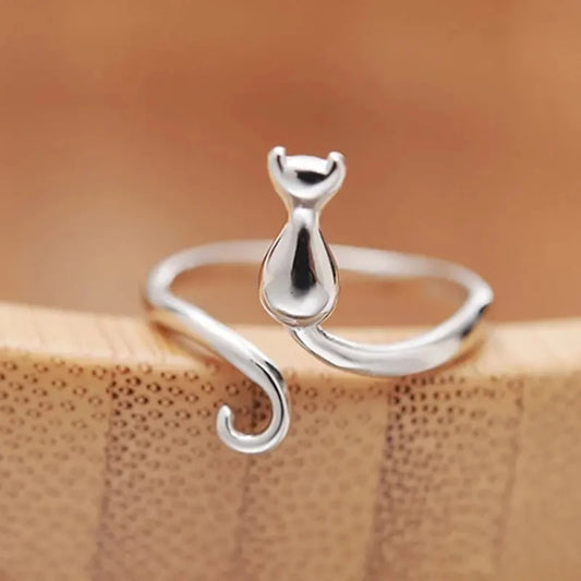 Huitan Silver Color Cat Ring