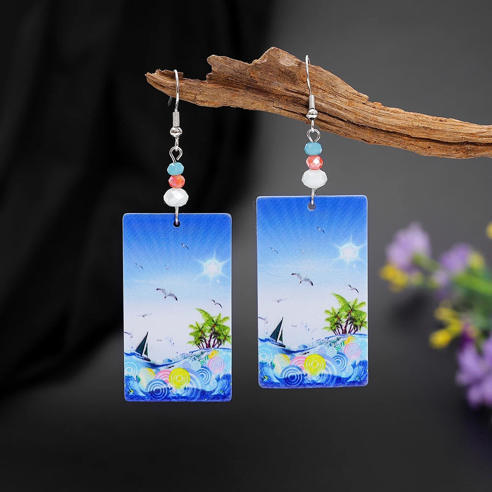 Geometric Round Blue Waves Acrylic Earrings
