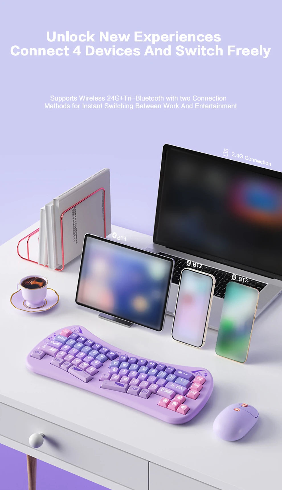 Clavier sans fil Bluetooth USB divisé BOW