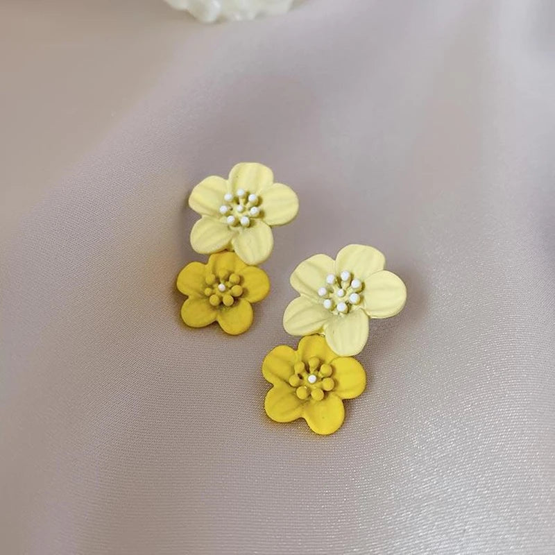Korean Big Double Flower Drop Earrings