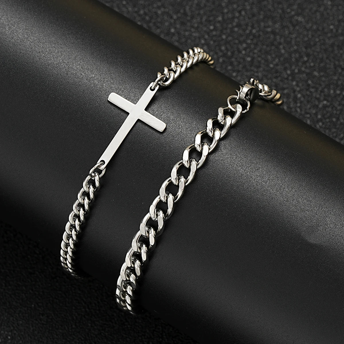 Ensemble de bracelets à chaîne cubaine en acier inoxydable avec croix