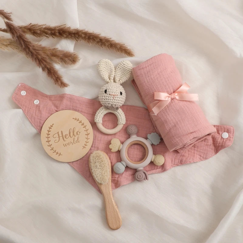 Baby Bath Towel Cotton Blanket Brush Gift Set