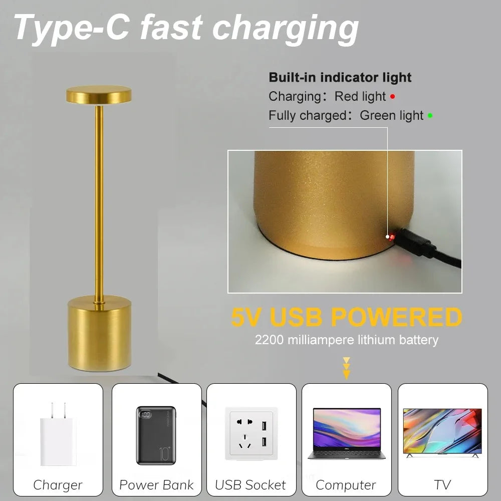 Lámpara de mesa LED con sensor táctil simple, recargable, 3 colores, ajustable, luz ambiental creativa para mesita de noche, decoración de habitación
