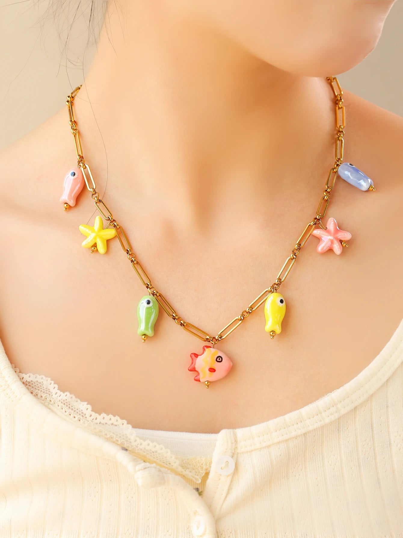 Ceramic Starfish Fish Necklace
