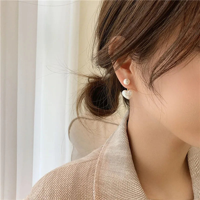 Pearl Heart & Round Stud Earrings