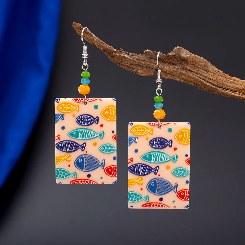 Geometric Round Blue Waves Acrylic Earrings