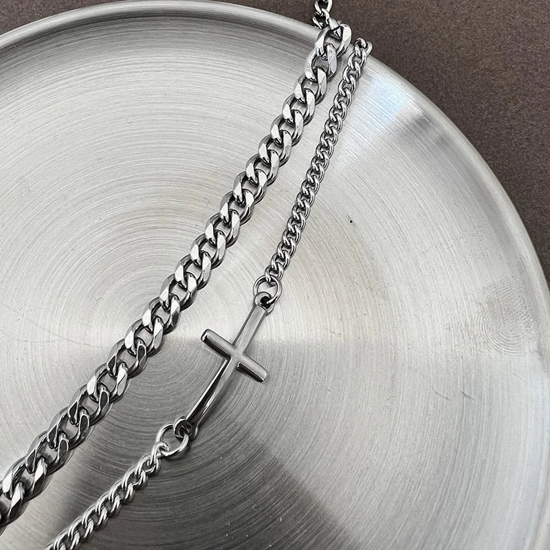 Ensemble de bracelets à chaîne cubaine en acier inoxydable avec croix