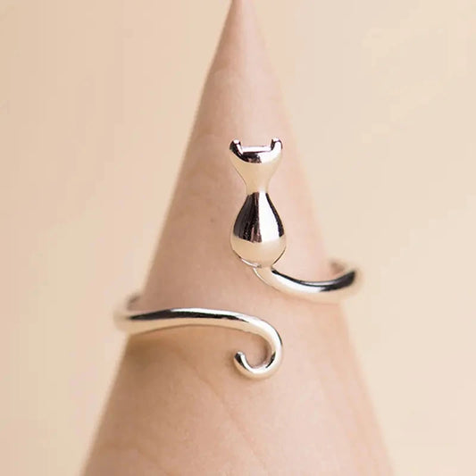 Huitan Silver Color Cat Ring