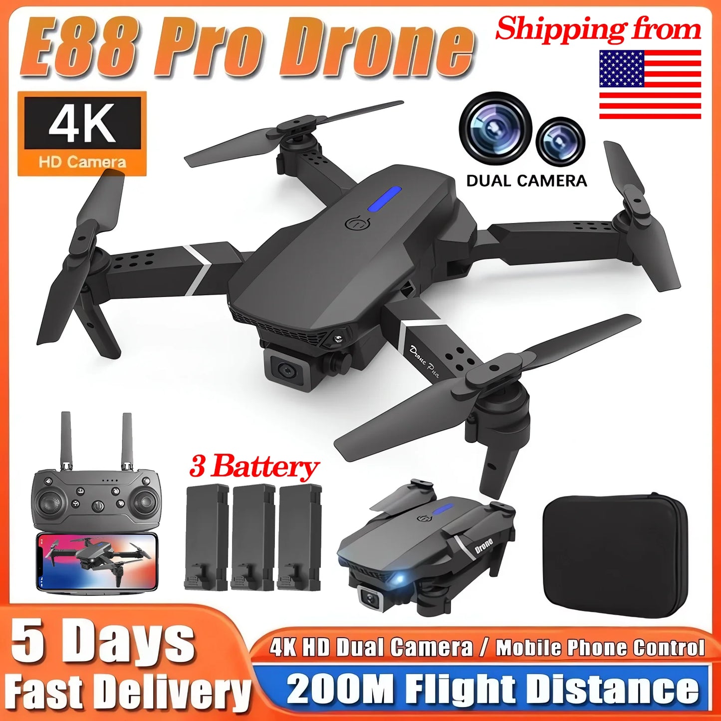 Drone RC pliable E88Pro avec caméra HD 4K/1080P