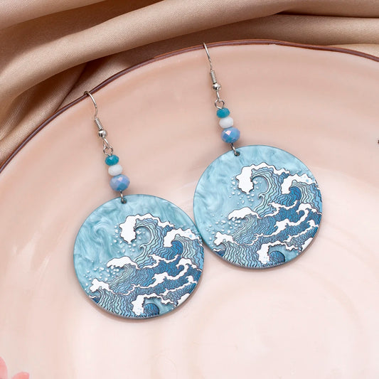 Geometric Round Blue Waves Acrylic Earrings