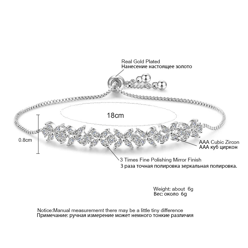 Pulseras ajustables clásicas con flores de circonita transparente brillante