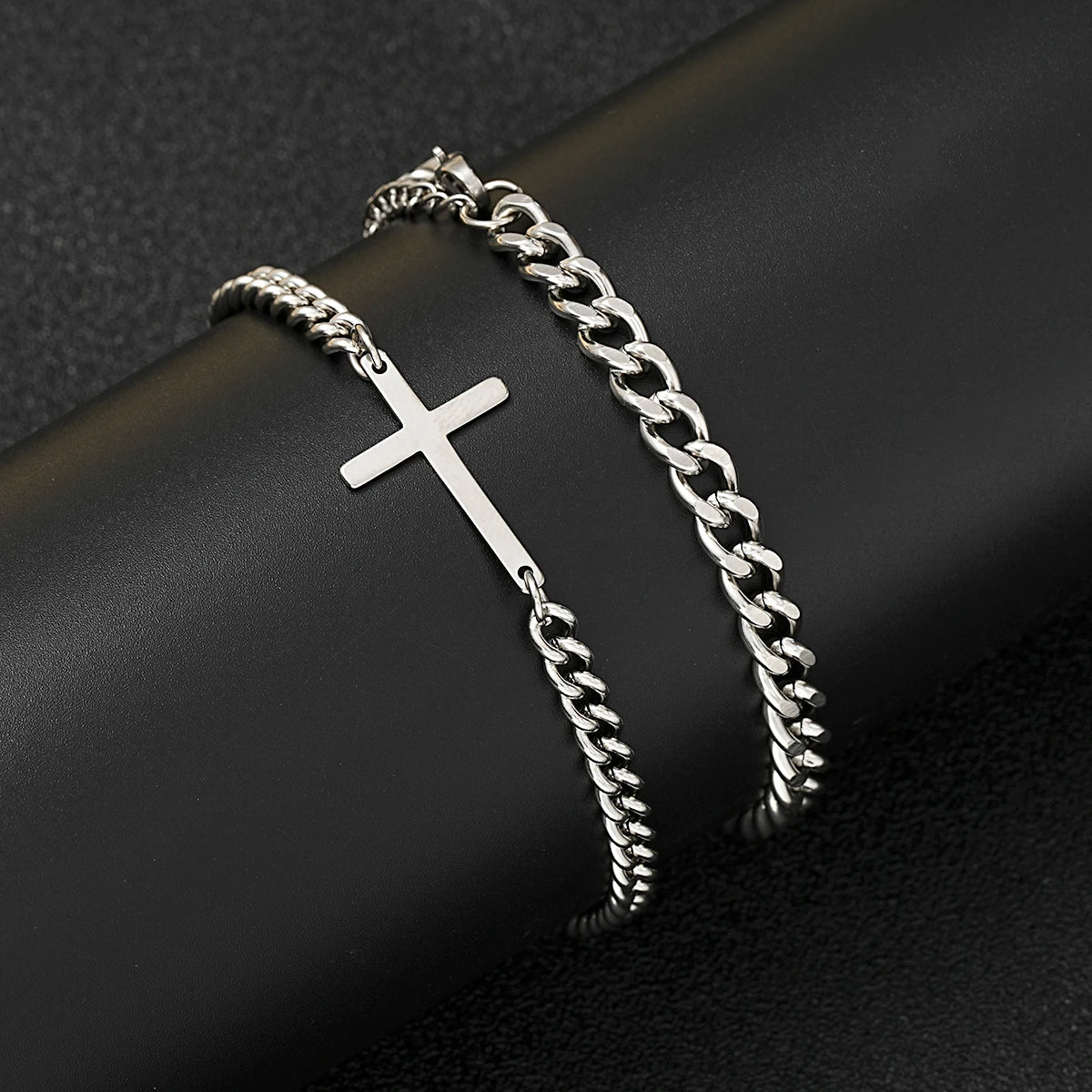 Ensemble de bracelets à chaîne cubaine en acier inoxydable avec croix