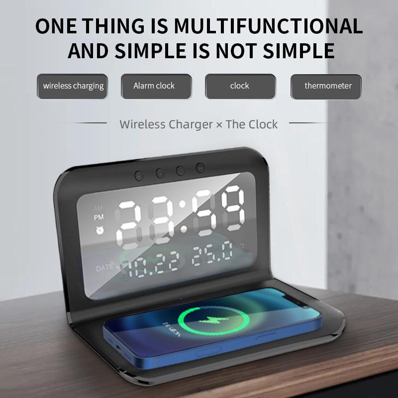 15W Wireless Charger Pad Stand with Alarm Clock Thermometer - BestShop