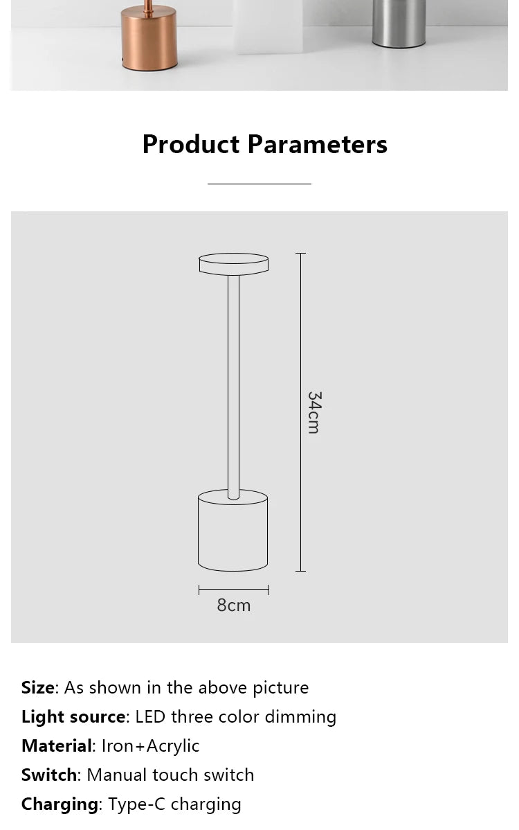 Lámpara de mesa LED con sensor táctil simple, recargable, 3 colores, ajustable, luz ambiental creativa para mesita de noche, decoración de habitación