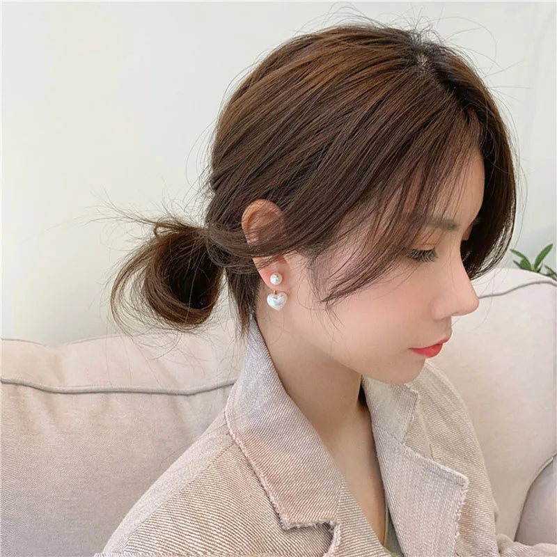 Pearl Heart & Round Stud Earrings