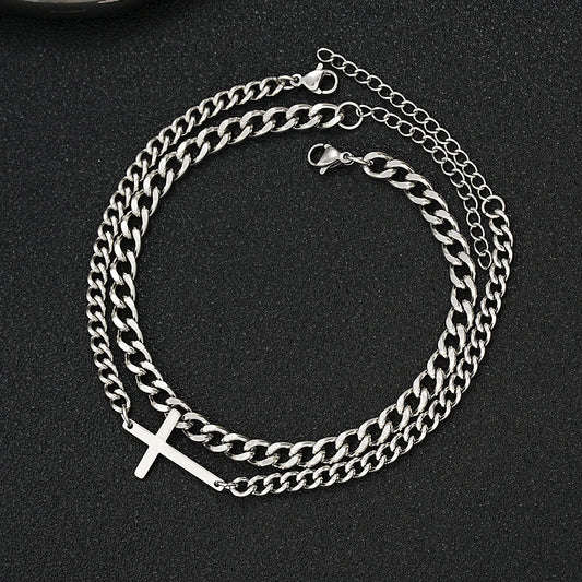 Stainless Steel Cross Cuban Chain Bracelet Set