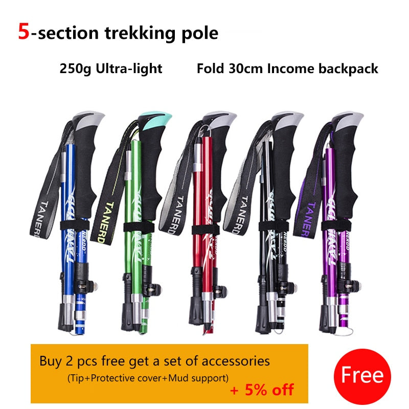 5-Section Outdoor Fold Trekking Pole Camping Portable Walking Hiking Stick - BestShop