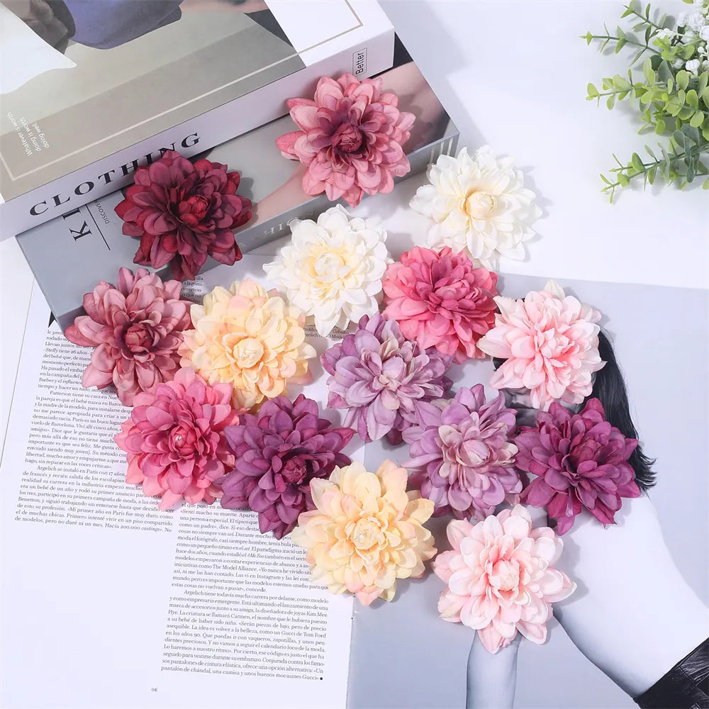 5PCS Dahlia Artificial Silk Flowers Heads For Wedding Home Decoration DIY Wreath Gift Box Scrapbooking Craft Fake Flower Head