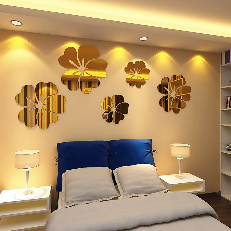 5 pcs Flower Pattern Wall Sticker Home Decor 3D Wall Decal Art DIY Mirror Wall Stickers Living Room Decoration Silver/Gold