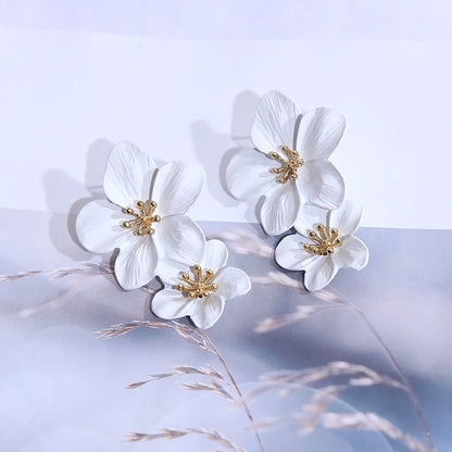 Korean Big Double Flower Drop Earrings