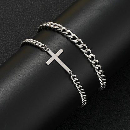 Stainless Steel Cross Cuban Chain Bracelet Set