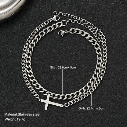 Stainless Steel Cross Cuban Chain Bracelet Set