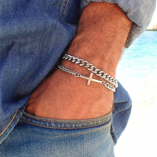 Stainless Steel Cross Cuban Chain Bracelet Set