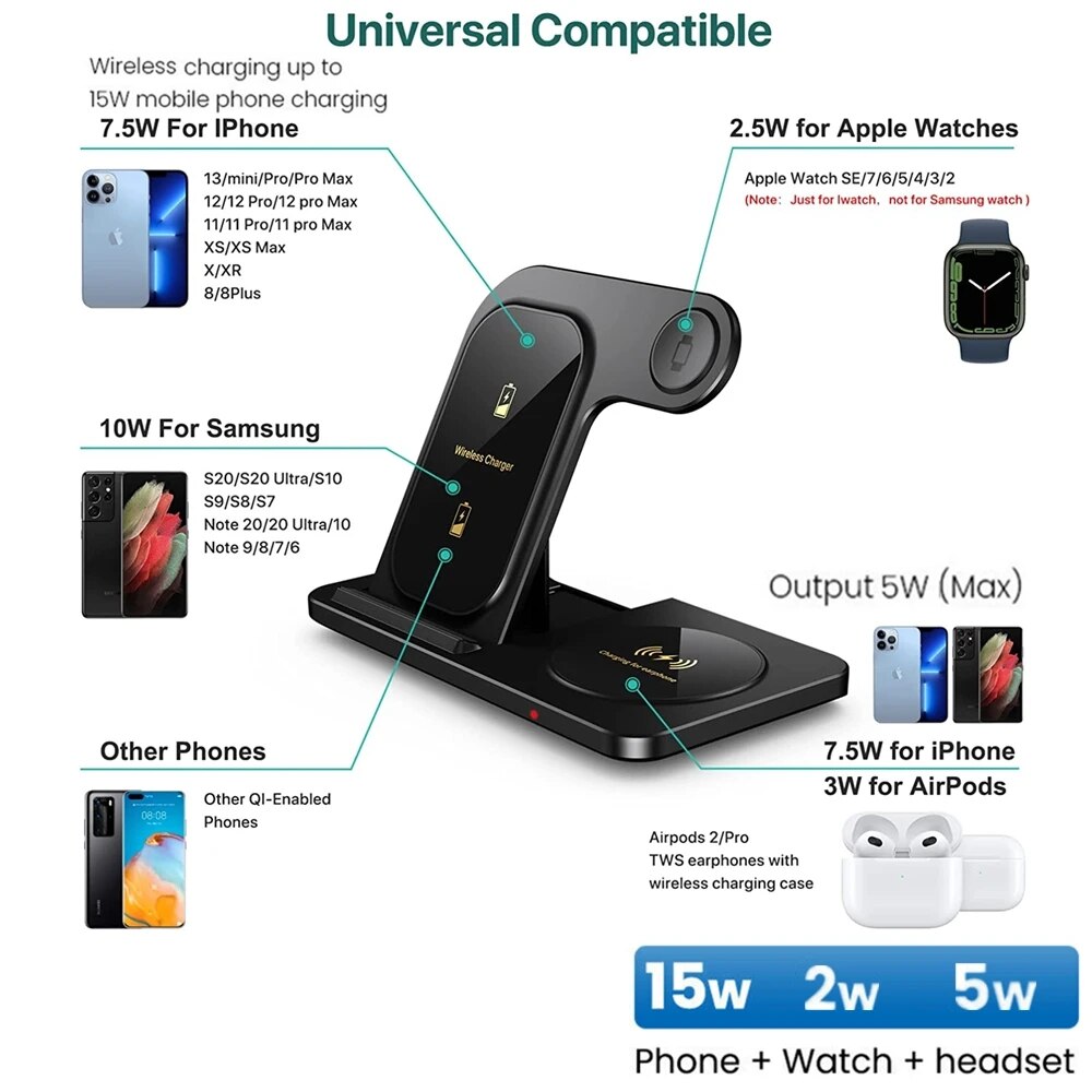 3 in 1 Wireless Charger Stand Pad Fast Charging Station Dock - BestShop