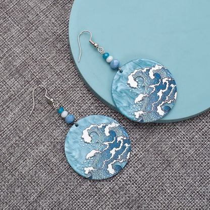 Geometric Round Blue Waves Acrylic Earrings