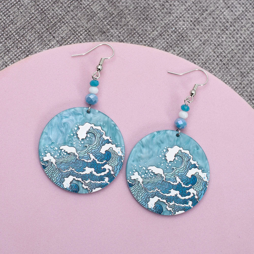 Geometric Round Blue Waves Acrylic Earrings