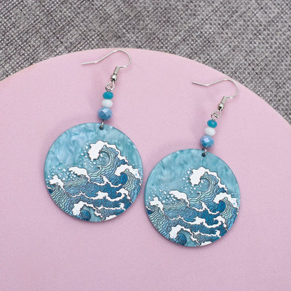 Geometric Round Blue Waves Acrylic Earrings