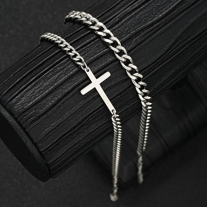 Stainless Steel Cross Cuban Chain Bracelet Set
