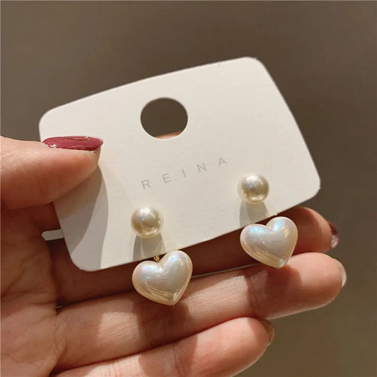 Pearl Heart &amp; Round Stud Earrings