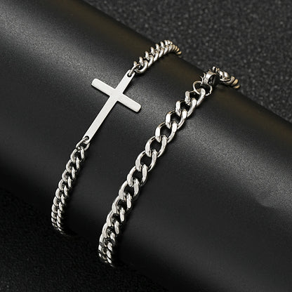 Stainless Steel Cross Cuban Chain Bracelet Set