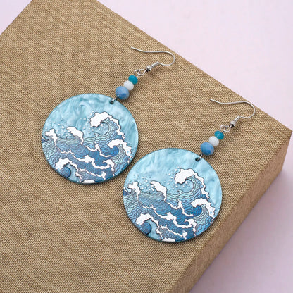 Geometric Round Blue Waves Acrylic Earrings