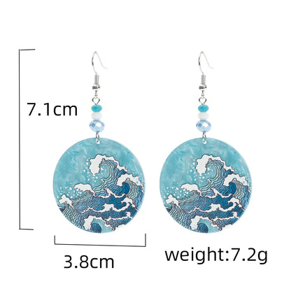 Geometric Round Blue Waves Acrylic Earrings