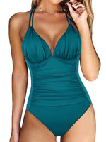 Load image into Gallery viewer, Backless Halter Ruched Monokini Swimsuit - BestShop
